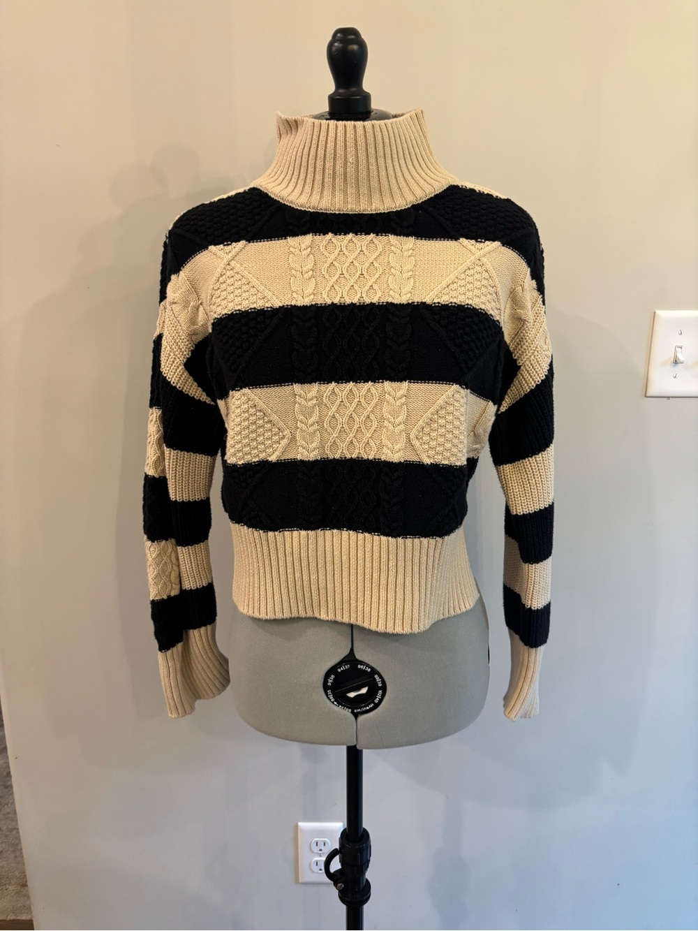 Altar'd State Black & Cream Striped Cable Turtleneck Sweater 0194